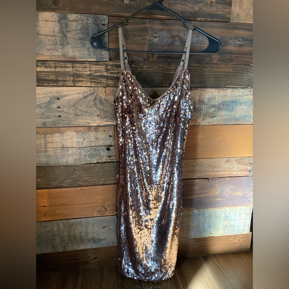 Lulu's Sequin Mini Dress in Gold and Brown